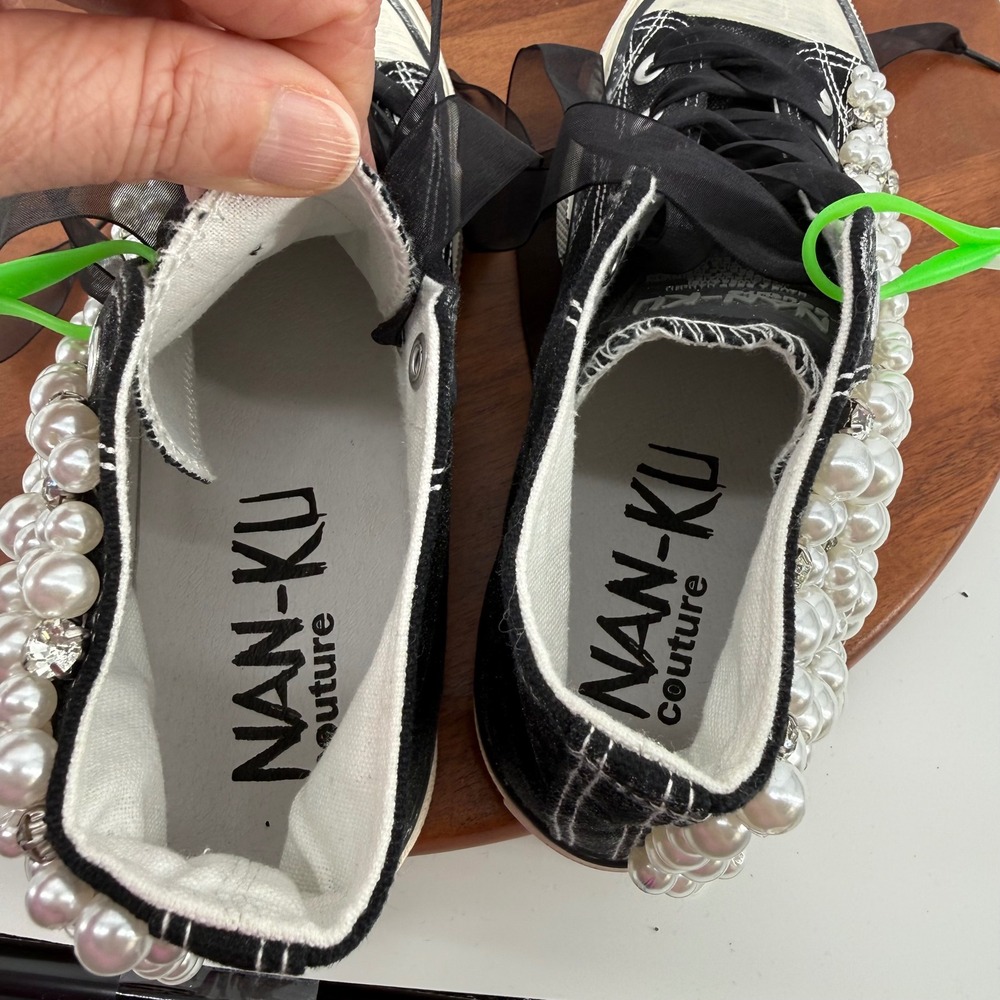 Nan-Ku Couture Pearl Rhinestone Embellished High Top Sneakers Black Womens 39 - Picture 4 of 12
